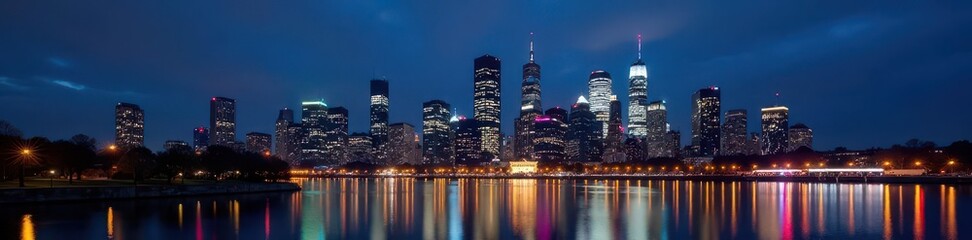 Frankfurt's illuminated skyline at night, skyscrapers reflecting light , panorama, evening
