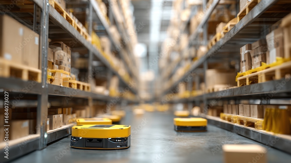 Poster AIguided robotic system scanning inventory levels and organizing stock on shelves focused on the intelligent device with depth of field blur behind.