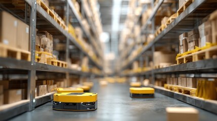 AIguided robotic system scanning inventory levels and organizing stock on shelves focused on the intelligent device with depth of field blur behind.