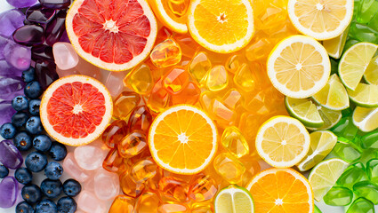 Colorful citrus fruits arranged in a rainbow pattern, a vibrant and healthy display
