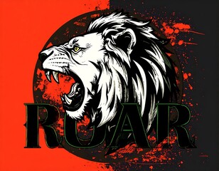 Lion's head roaring, bold text