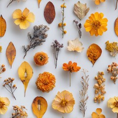 Fototapeta premium Autumnal dried flowers & leaves on white
