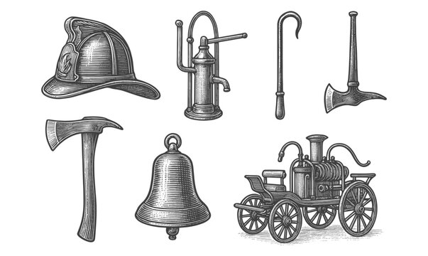 Vintage firefighting tools collection with antique equipment and gear