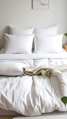 A meticulously arranged, pristine white bed, featuring crisp linens and a delicate beige throw, creates a serene and calming bedroom scene.