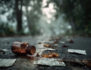 A discarded brown glass bottle lies on a paved road, strewn with fallen leaves and scraps of paper.  Foggy forest scene in the background
