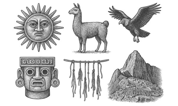Traditional peruvian elements with inca mask, sun, llama, eagle, and machu picchu in retro style