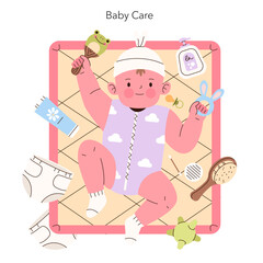 Baby Care Essentials with Happy Infant Vector Illustration