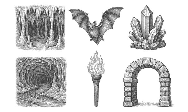Hand drawn cave elements with bat, crystals, torch, and stone archway