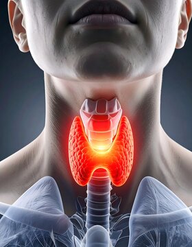 Close-up medical illustration of a highlighted thyroid gland in a human neck, with visible surrounding anatomy.