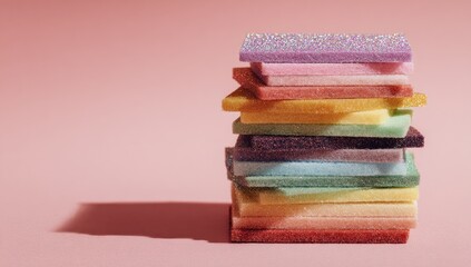A stack of colorful rectangular sponges or cleaning pads