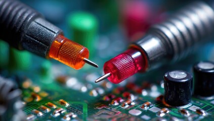 Close-up of electronic components on a circuit board.  Colorful probes connected to circuit