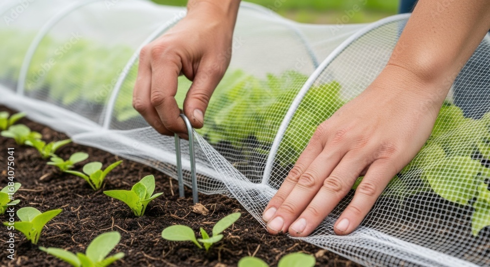 Poster close medium shot of hands installing mesh barriers around vegetable rows to prevent insect access a