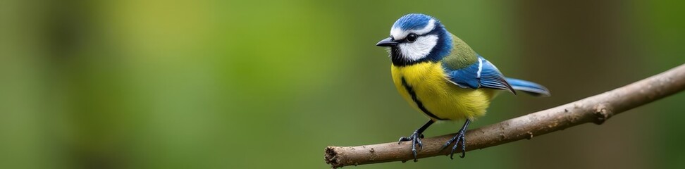 Obraz premium A blue tit perches on a twig in a tree branch, its feathers a vibrant shade of blue and yellow, purple, twig