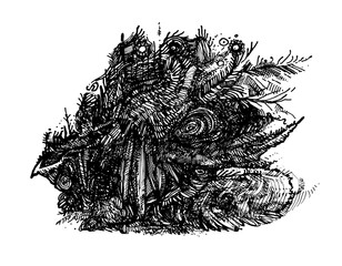 An intricate and chaotic black and white ink drawing featuring a surreal, grotesque form with complex textures and organic shapes, creating a mysterious and detailed abstract artwork.