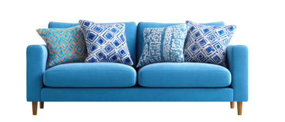 Bright blue sofa with patterned cushions