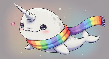 Cute cartoon narwhal with rainbow scarf