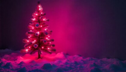 Neon pink Christmas tree, Fantasy magenta background with fir branches, festive futuristic Christmas design, festive holiday feel, created with generative ai
