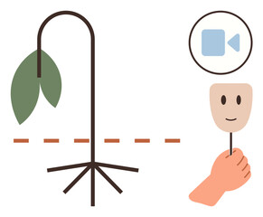 Wilting plant with a dashed line, smiling mask held near, video recording icon overhead. Ideal for mental health, hidden emotions, duality, self-care, deception, communication and simplicity