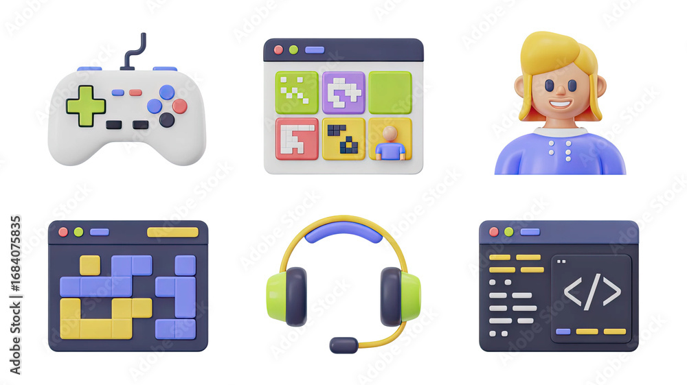 Poster modern 3d game controller, software interface, coding, and customer service icons for digital design