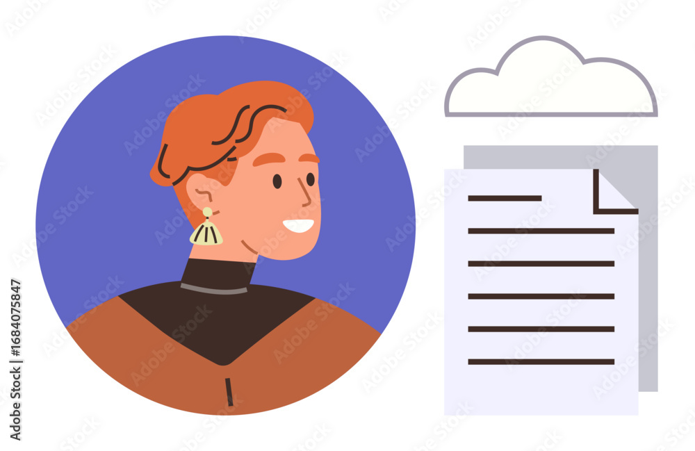 Poster profile of person next to a cloud and digital document stack, highlighting data sharing and storage.