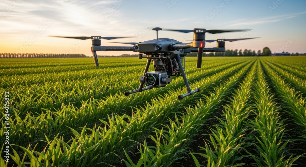 Poster medium shot of a drone flying low over a lush crop field capturing highresolution images to monitor 