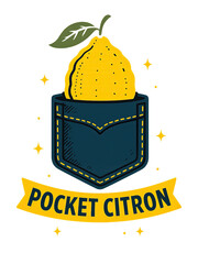 Lemon in a pocket logo, cartoon style, yellow and navy, Pocket Citron-