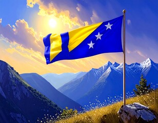 Flag waving over mountains at sunrise