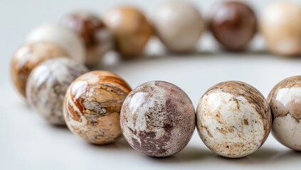 Obraz premium Close-up of a beaded bracelet. Round, polished stones in beige, tan, and brown hues, forming a circle. Soft light highlights the textures and variations in the stone patterns