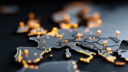 European map with glowing orange pins