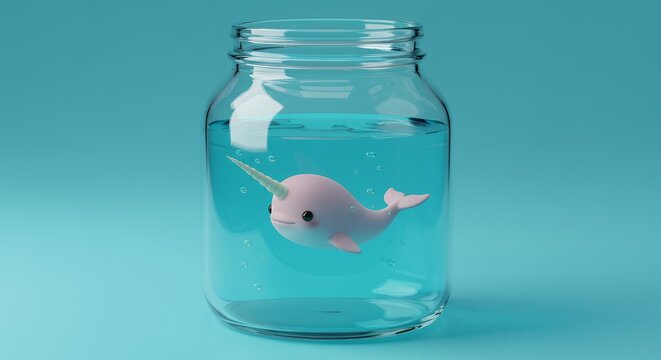 Cute narwhal in glass jar on teal background