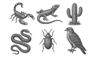 Vintage ink drawings of desert wildlife and flora featuring scorpion, lizard, cactus, snake, beetle, and hawk