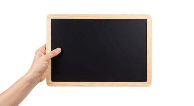 Hand Holding Empty Blackboard for Education Learning or Announcement Isolated on Transparent Background