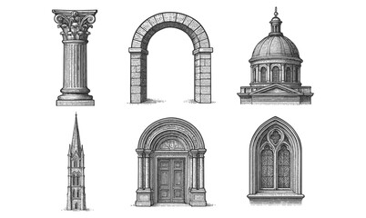 Vintage architectural elements collection featuring classic columns and structures