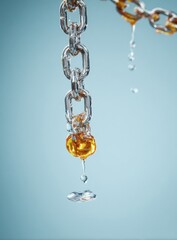 A metallic chain, dripping with amber liquid, hangs against a light blue backdrop