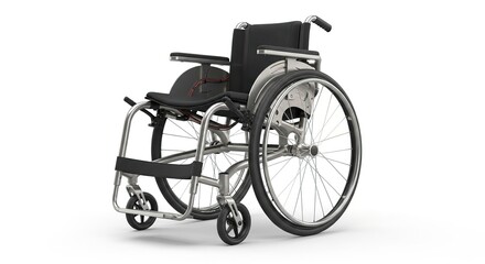 Fototapeta premium Modern Lightweight Black Manual Wheelchair on White Background for Mobility Assistance