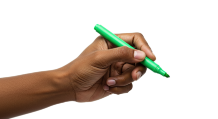 African American Hand Holding Green Marker Writing Isolated on Transparent Background