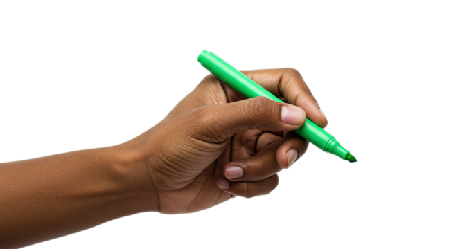 African American Hand Holding Green Marker Writing Isolated on Transparent Background