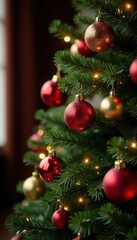 Fototapeta premium A majestic Christmas tree adorned with shimmering red and gold ornaments , red, december, shining