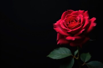 Fototapeta premium A vibrant crimson rose blooms against a stark black backdrop , blossom, romance