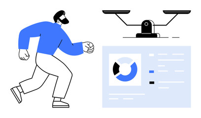 Man in motion beside scale with balance concept and data chart. Ideal for business, productivity, strategy, decision-making, analytics, work-life balance, teamwork. Clean simple flat metaphor