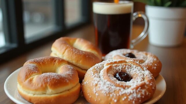 CGI Delicious variety of pastries and coffee in a cozy cafe setting