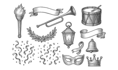 Vintage hand drawn festive icons with torch, mask, and musical instruments