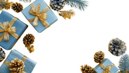 Light-blue gift boxes with gold ribbon and pinecones