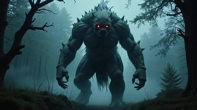 Terrifying creature emerges from misty forest with glowing red eyes, a primal horror.