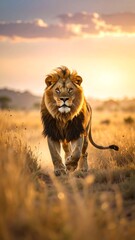 Majestic lion strides across golden savanna at sunrise