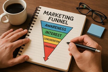 Marketing funnel diagram being written in a notebook. 