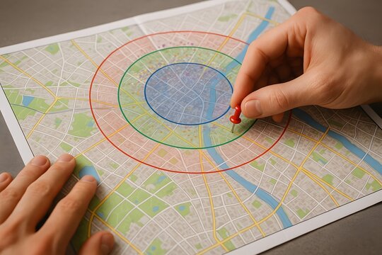 Focus on Location: A map with a pin indicating a specific point. 