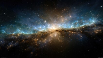 Fototapeta premium Cosmic nebula explosion. Vast expanse of space filled with swirling nebulae of vibrant colors, gold, blue, and orange. Bright star bursts illuminate the scene