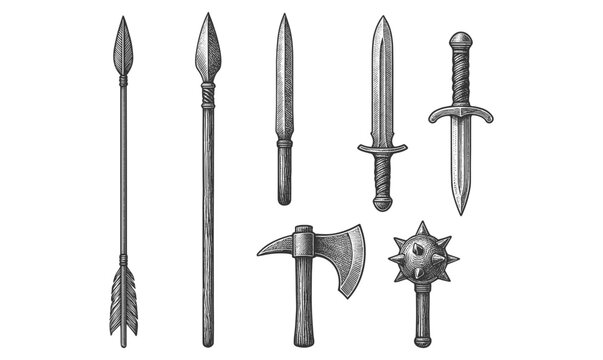 Vintage engraved medieval weapon set with swords, axes, and spears - Powered by Adobe