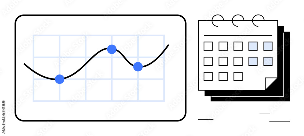 Aufkleber line graph with data points on grid and calendar with marked days suggesting pattern observation, ti